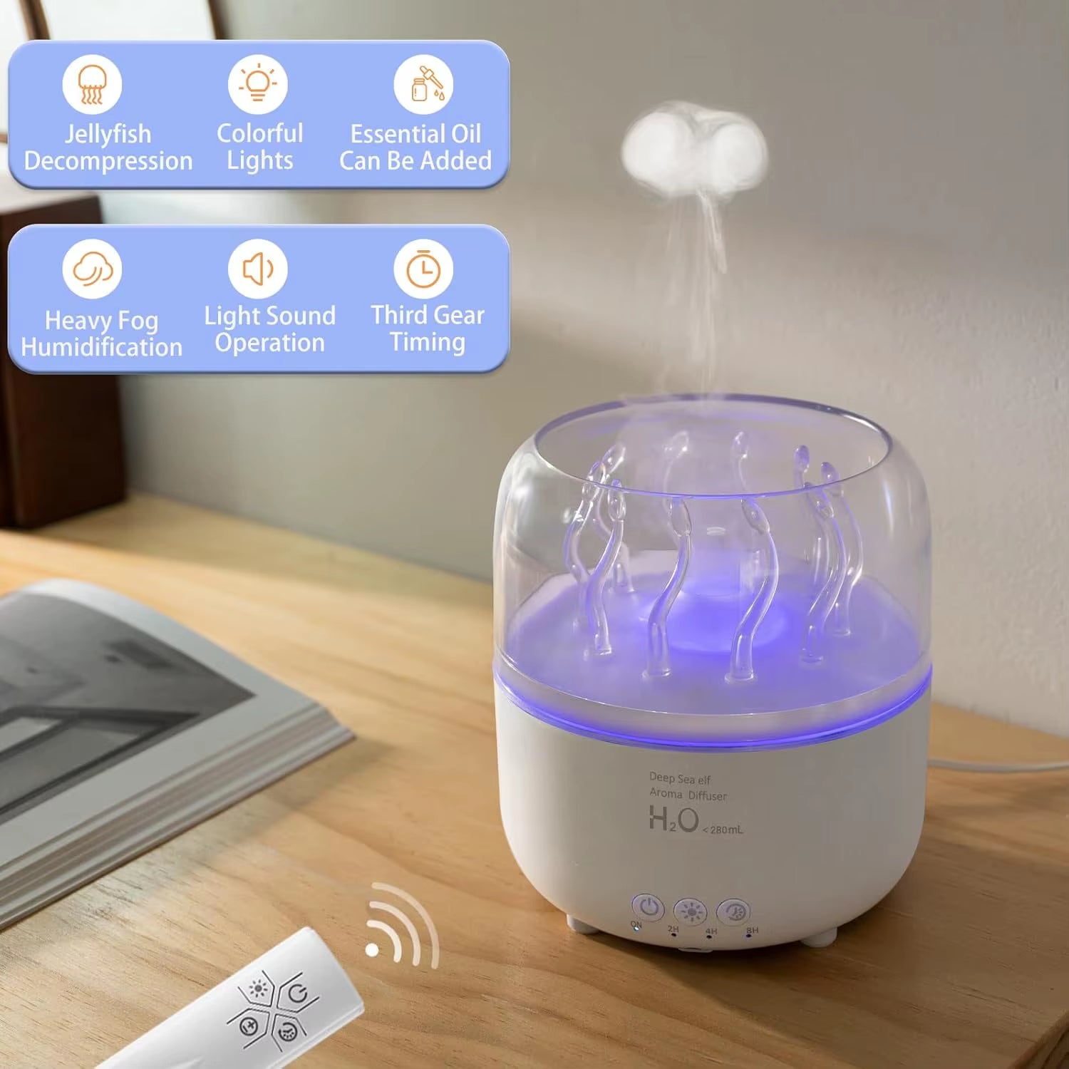 Air Humidifier for Bedroom 280ML Rotating Sea Grass Ultrasonic Aromatherapy Diffusers Mist Maker Fragrance Essential Oil Aroma