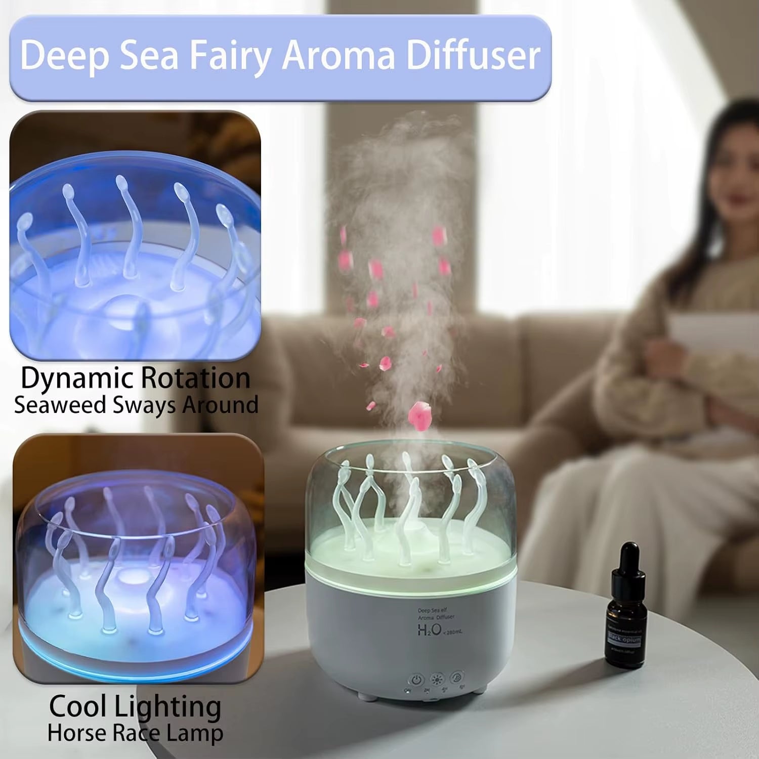 Air Humidifier for Bedroom 280ML Rotating Sea Grass Ultrasonic Aromatherapy Diffusers Mist Maker Fragrance Essential Oil Aroma